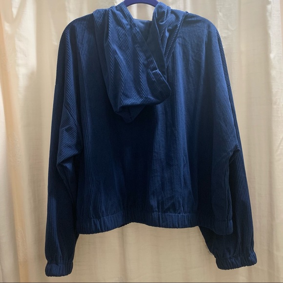 Navy Blue Cropped Drop Shoulder Drawstring Corduroy Jacket with Hood NWOT - Picture 6 of 16